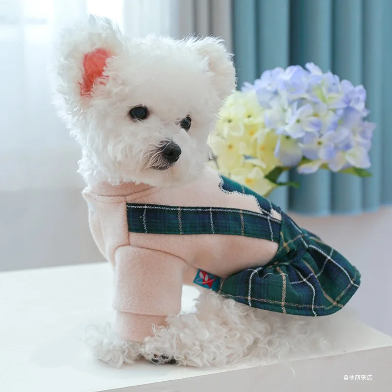 1PC Pet Clothes Cat Autumn/Winter Thick Bear Hug Green Plaid Princess Skirt Suitable for Small and Medium Dogs