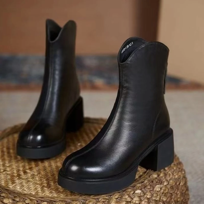 امرأة أحذية قصيرة الدافئة البني الخريف الشتاء الصوف مبطن حذاء من الجلد للنساء العمل بيع مصمم الجوارب الفاخرة أنيقة وأنيقة #5