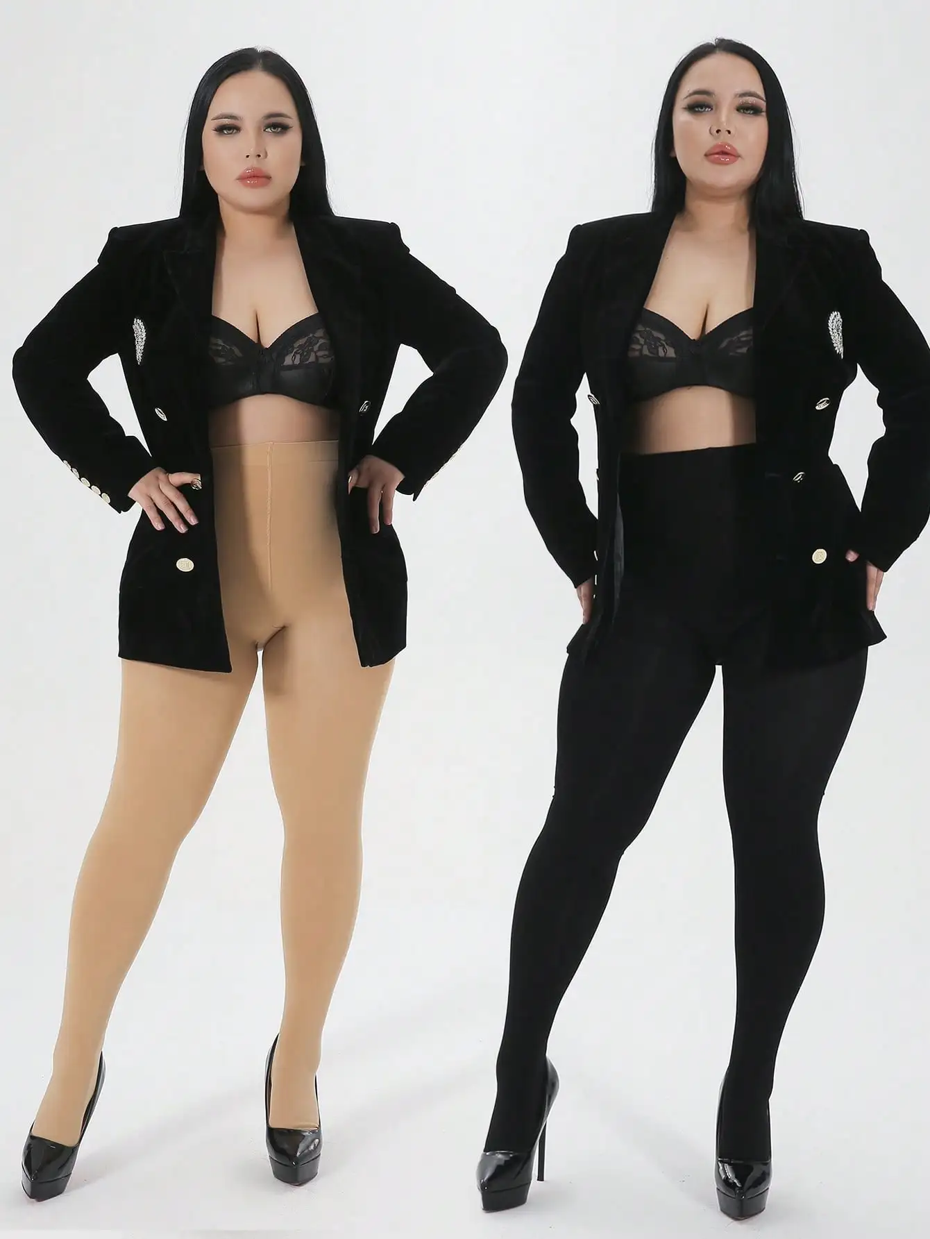 1/2 Paar Übergrößen-Formstrumpfhosen mit Hoher Taille, Einfarbig Schwarz, Transparent, Seidig, Kompressionsstrumpfhose für den Herbst