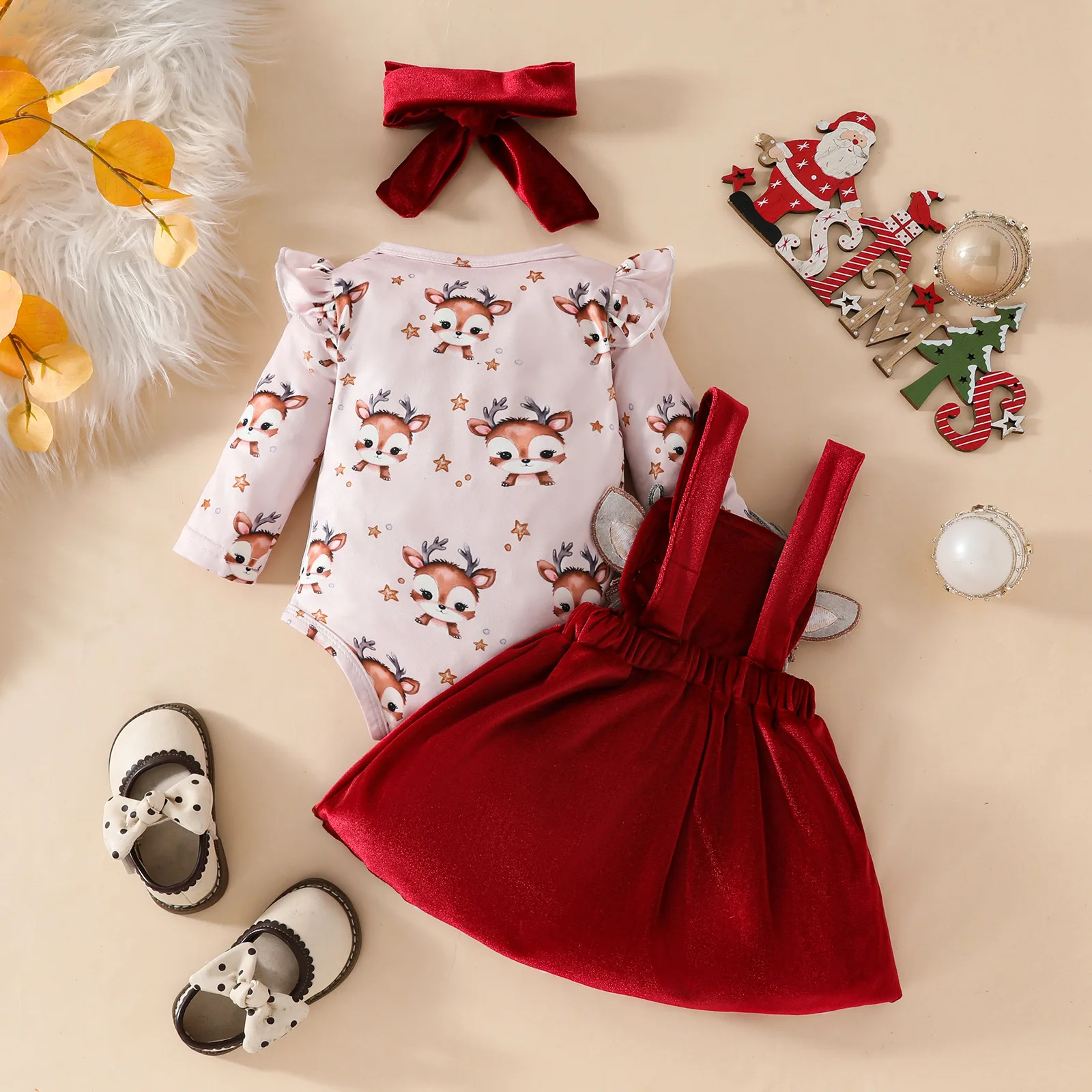 3pcs Christmas Baby girl Outfit Cute Cartoon All over Print Bodysuit Fawn Applique Solid Suspender Dress Sets with Headband