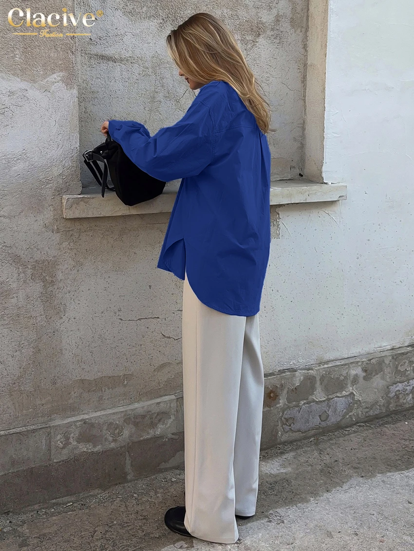 Clacive Fashion Loose Blue Cotton Women's Shirt 2025 Casual Lapel Long Sleeve Blouse Elegant Chic Solid Tops Female Clothing