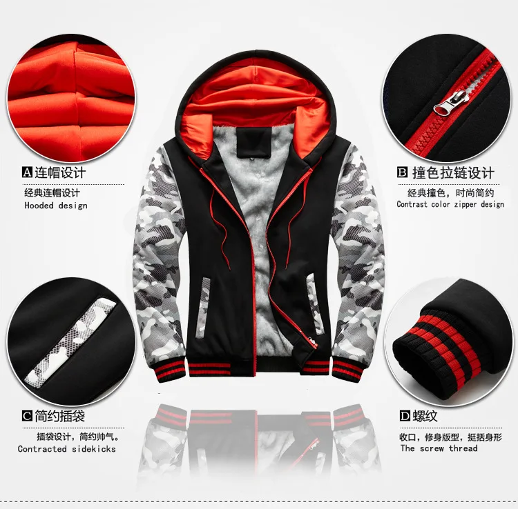 Herren Winter Dicker Thermo-Camo-Zweiteiler Trainingsanzug Fleece-Gefütterter Kapuzenpullover Jogginghose mit Kordelzug Winddicht Outdoor Sport Täglich Warm – Detail 2