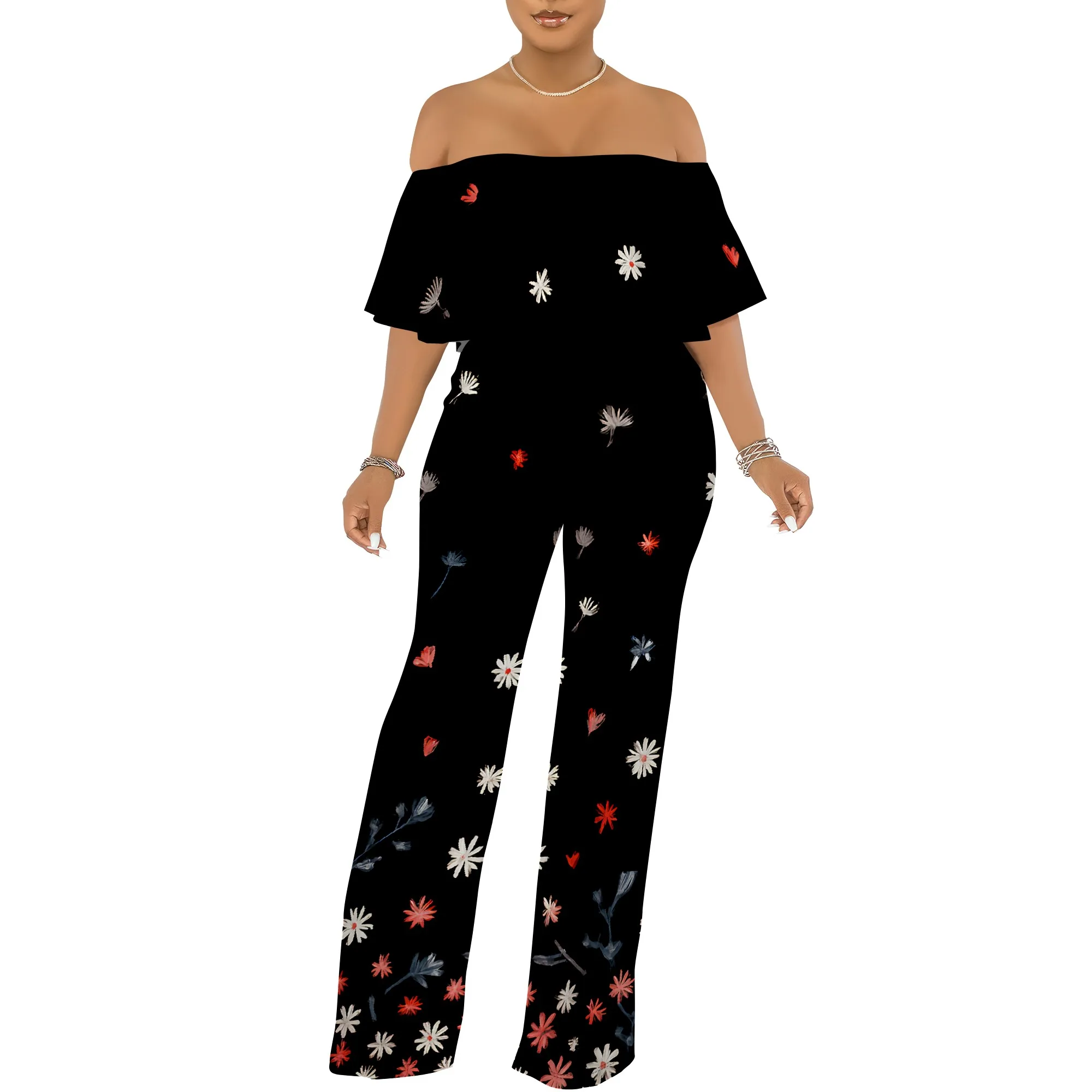 

Women's Sexy Off Shoulder Ruffle Jumpsuits Elegant Wide Leg Long Pants Clubwear Rompers with Pockets