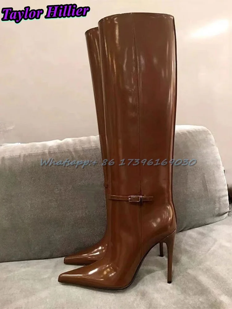 Brown Patent Leather Boots British Style Belt Pointed Toe Stiletto Large Size Knee-High Long Buckle High Quality Size 47 Botas