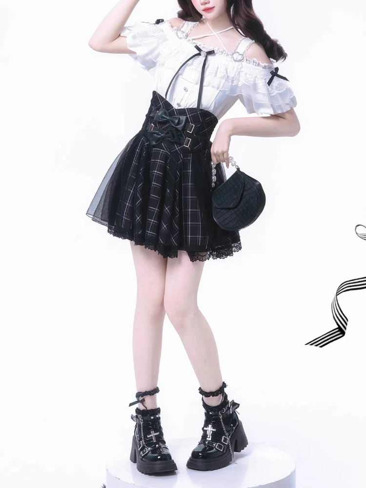 

Harajuku Sweet Lolita Women 2 Piece Set Lace Off Shoulder Blouse + Plaid Skirt Aesthetic Girly JK Vintage Kawaii Chic Outfits