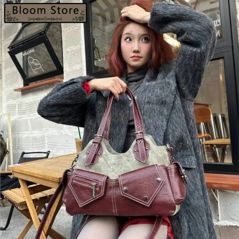 

Bloom Vintage Casual Y2k Handbag Women High Street Patchwork Pocket Shoulder Ladies Retro Large Capacity Tote Bag Chic