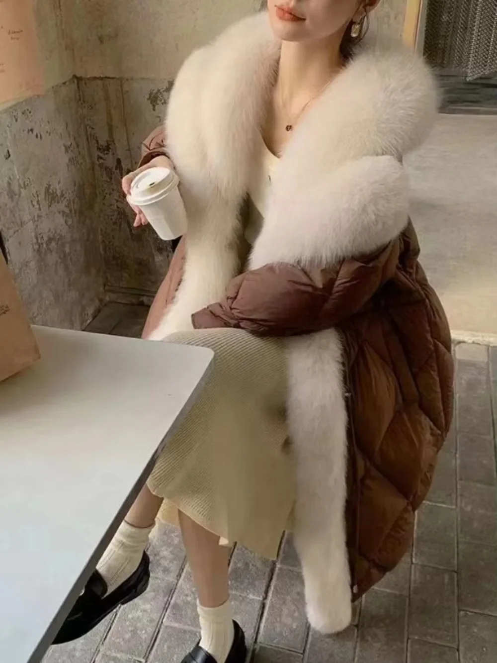 Long Fur Coat Warm Real Fox Fur Coat New European Fashion Winter Luxury Turn-down Collar White Goose Down Jacket Women