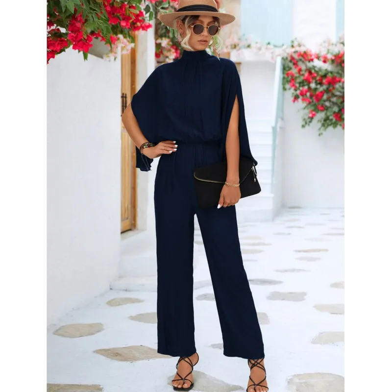 Elegant Jumpsuits for Women Autumn Loose Stand Collar Split Sleeve Office Lady Rompers Fashion Solid Overalls Streetwear Female