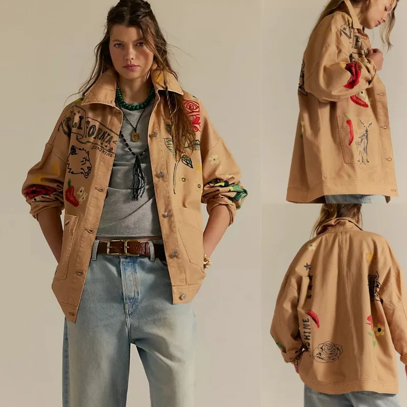 

Fall 2025 New Women's Print Lapel Loose Single-Breasted Shirt Jacket Soft and Comfortable Camel Polyester Long-Sleeved Top