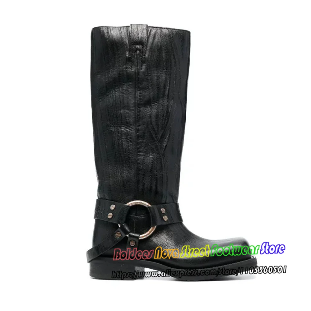 Denim Metal Riveted Decoration Knee High Boot Women Square Toe Belt Buckle Thick Heel Motorcycle Boots Western Knight Boot