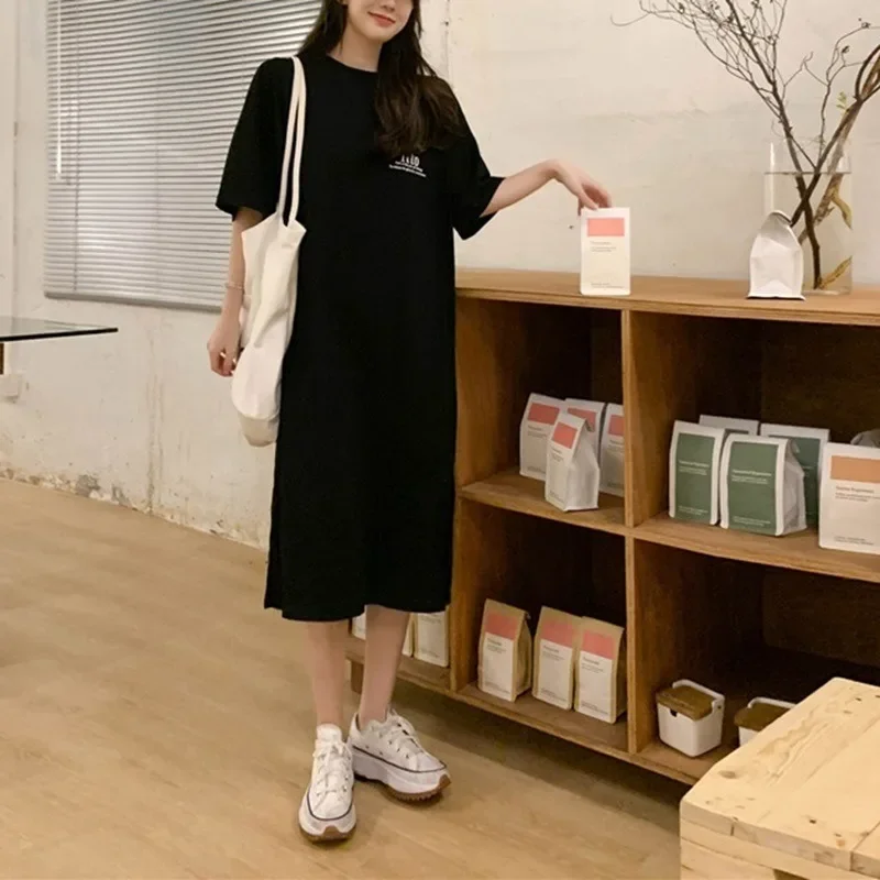 Korean Fashion Women Letter Loose Split Dress Spring Summer New O Neck Short Sleeve Long Tops Bottoming Shirts Casual Streetwear