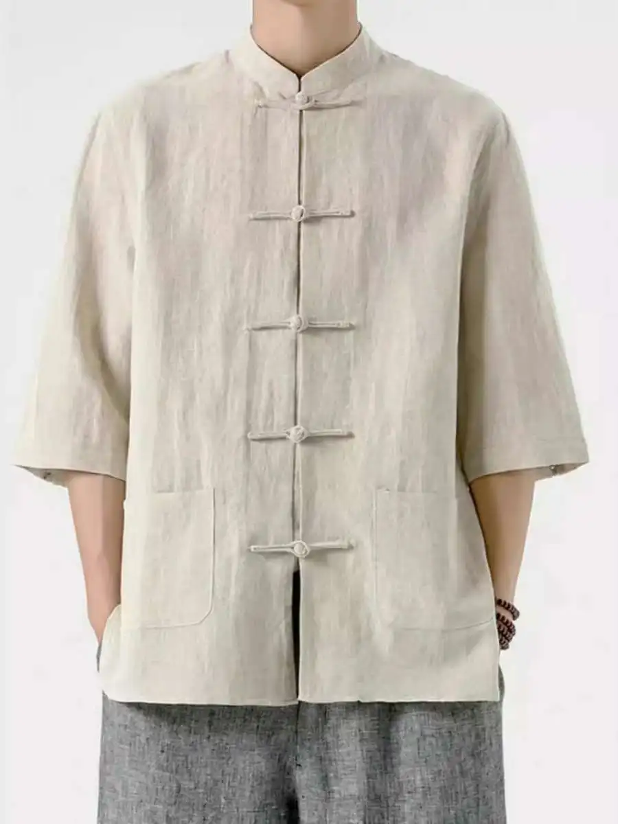 

Новый мужской летний костюм из хлопка и льна в китайском стиле, с воротником-стойкой, свободного кроя, в ретро-стиле...