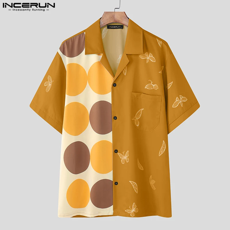 

INCERUN Мужская рубашка с принтом в стиле пэчворк с лацканами и коротким рукавом, свободная мужская одежда, уличная одежда, модные повседневные мужские рубашки для летних каникул