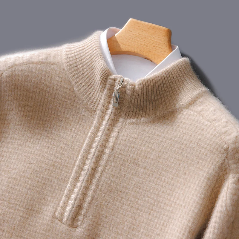 Semi-High Neck Zipper Pullover Cashmere Sweater Long Sleeve Men\'s Sweater Loose Solid Color Wool Casual Knitting Bottoming