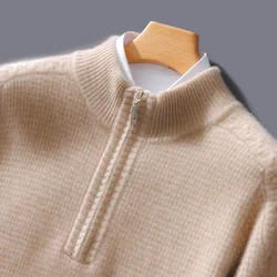 Semi-High Neck Zipper Pullover Cashmere Sweater Long Sleeve Men's Sweater Loose Solid Color Wool Casual Knitting Bottoming