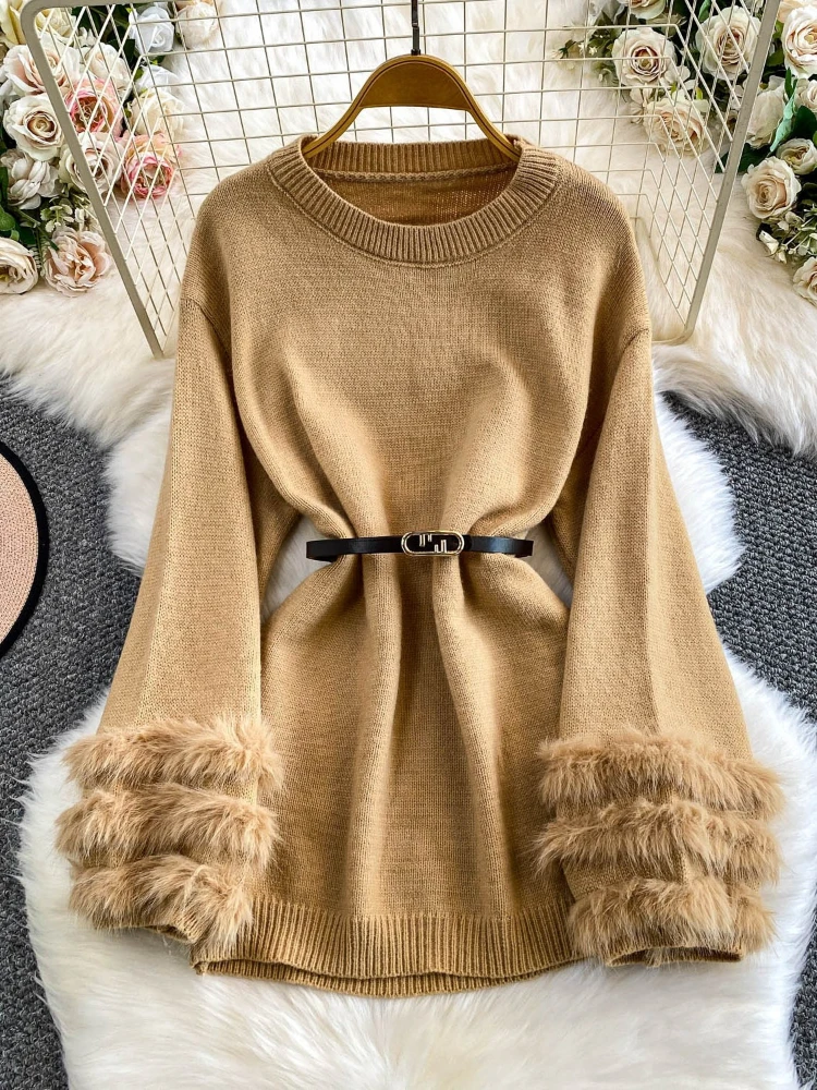 Women Vintage Fluffy Sleeve Knitted Sweater Winter Lace Up Waist Elegant Mid Length Warm Pullover Tops
