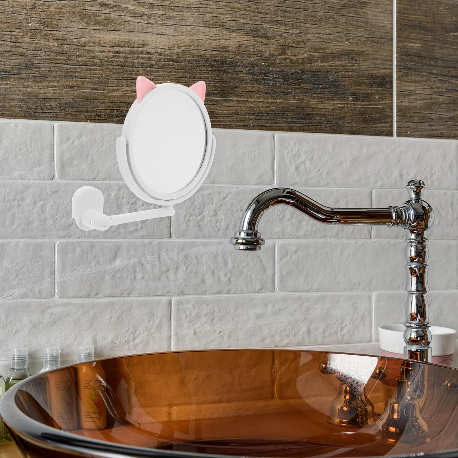 Wall Mounted Makeup Mirror Easy Install No Drill Foldable Adjustable 180 Rotation Rod 360 Swivel Mirror Ideal for Bathroom