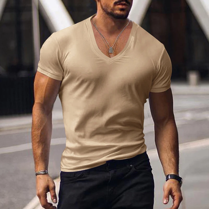 2023 men\'s T-shirt cross-border clothing European and American foreign trade men\'s V-neck solid color casual short sleeved T-shi