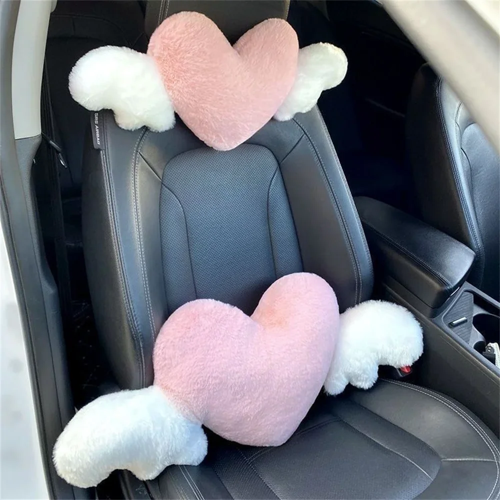 

Heart-Shaped Car Headrest Plush Love Wings Neck Pillow Seat Universal Lumbar Pillow Support Accessories Back Car Cushion