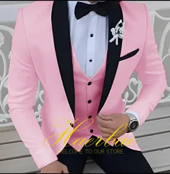 Pink Men Suit Black Shawl Lapel Formal Tuxedos Wedding Suit For Men Prom Party Dress With Pants 2 piece set