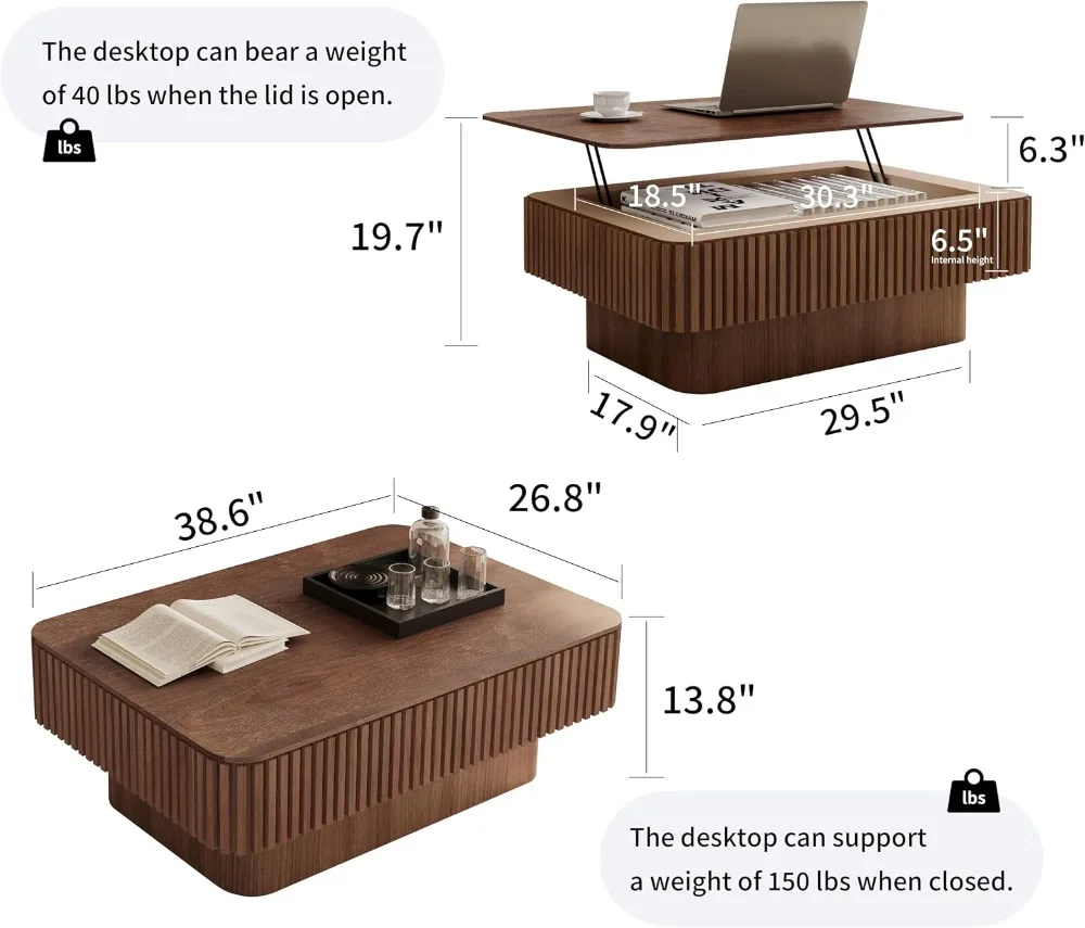 Lift Top Coffee Table with Storage for Living Room Mid Century Modern Wood Fluted Rectangular