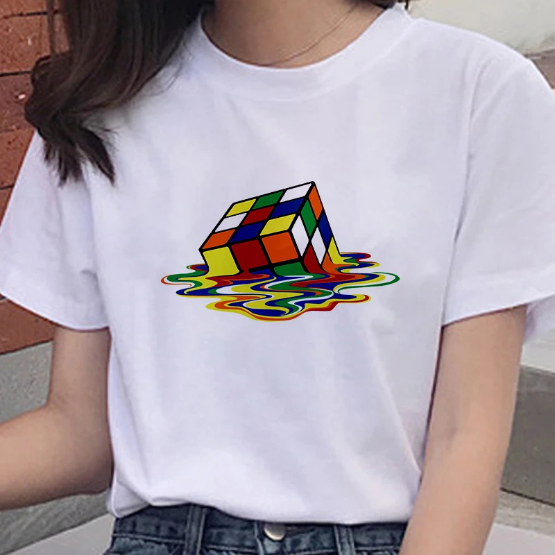 Aesthetic cube Graphics Printed Harajuku T-shirt Ladies Clothes Girls Summer Top Tee Ulzzang Punk Streetwear Kpop Female T-shirt