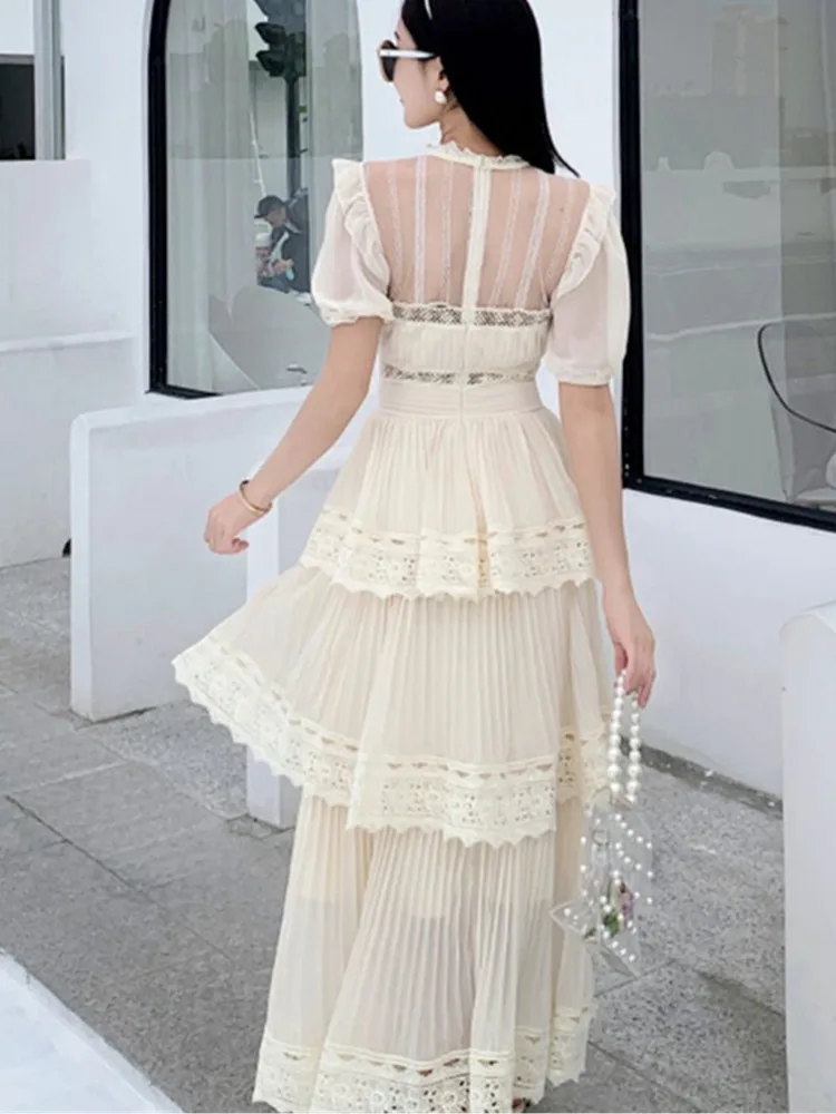 SMTHMA 2024 New Arrival Beige Lace Long Dress High Qulity Luxury Design Runway Dress Short Sleeve Ruffle Summer Dresses Vestidos