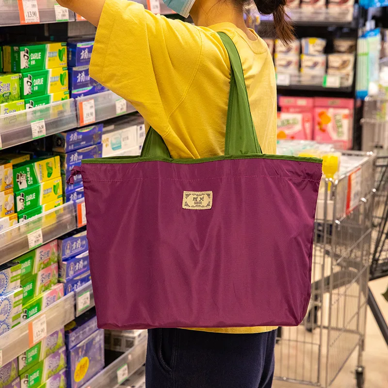 Sac à provisions pliable écologique pour femmes, sac à main Portable réutilisable en tissu Oxford avec cordon de serrage, fourre-tout