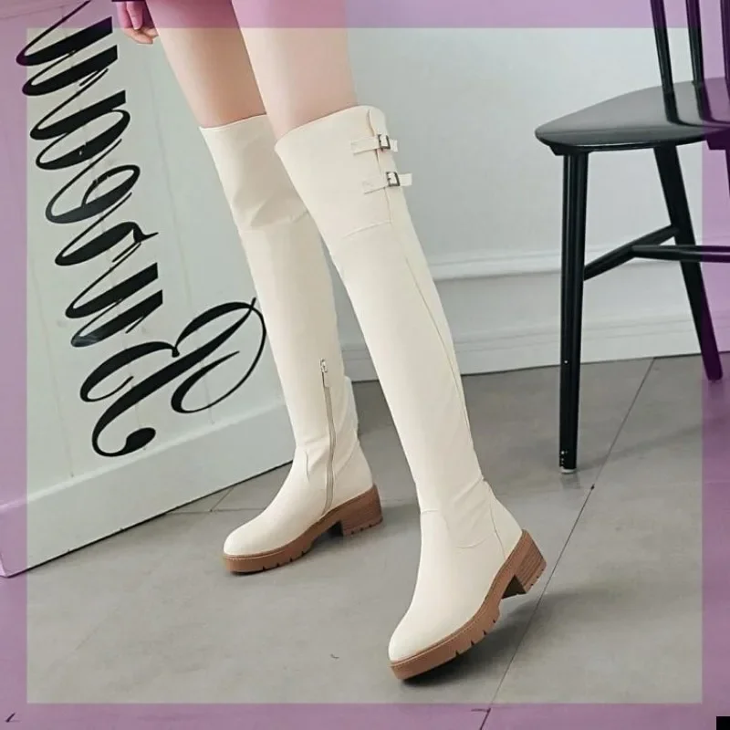 Autumn and Winter Faux Leather Women Long Boots Over The Knee Boots Thigh High Rider Round Toe Flat Boots Large Size 34-43