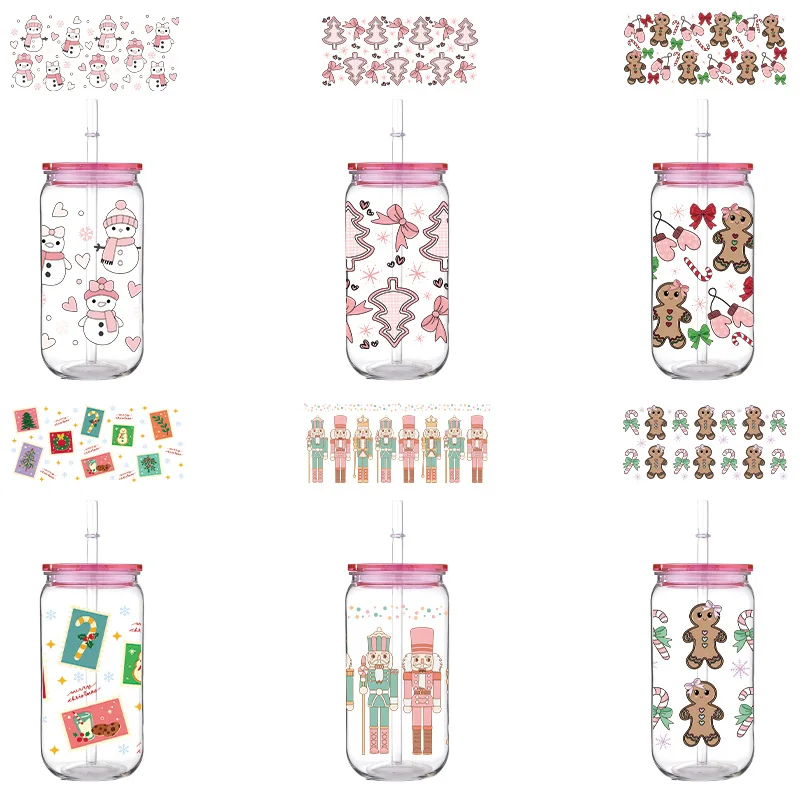 Christmas Printed PET 16oz Cup With Straw Pink Lid Gingerbread Man Cartoon Pattern Design  Can Hold Milk Coffee Drinks Cups