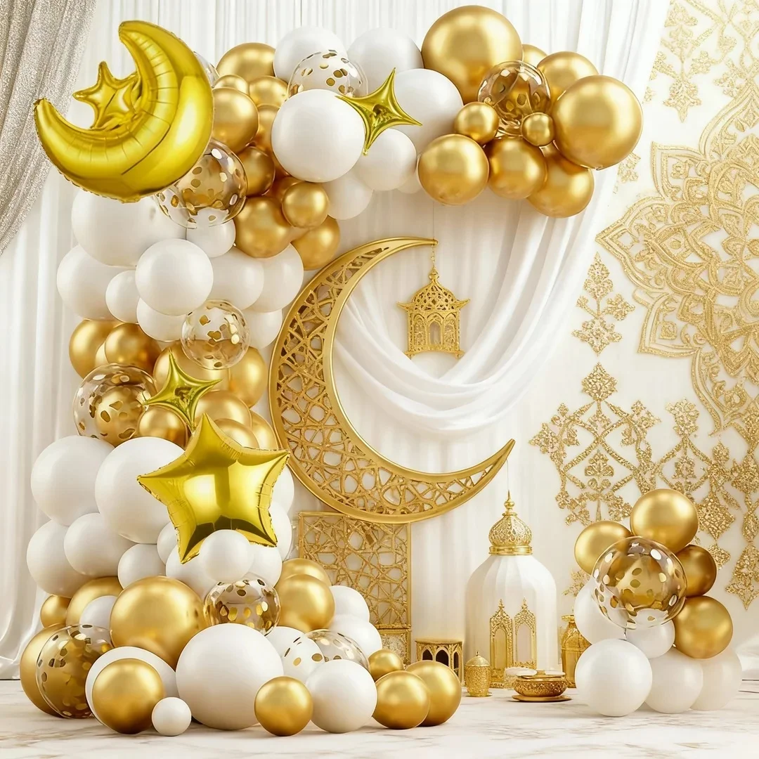 106-teiliges Ramadan-Dekorationsset mit weißen und goldenen Latexballons, 22 Zoll große goldene Stern- und Mond-Folienballons, für Geburtstage, Eid-Feiern, Fotohintergründe, Atmosphäre-Verstärkung und