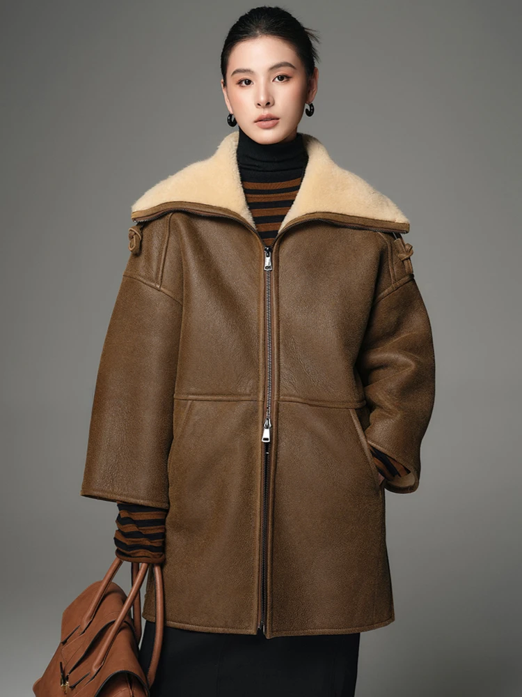 

High-end Luxury Merino Sheep Fur Jackets Women Simple Vintage Navy Collar Mid-length Winter Genuine Leather Real Fur Fleece Coat