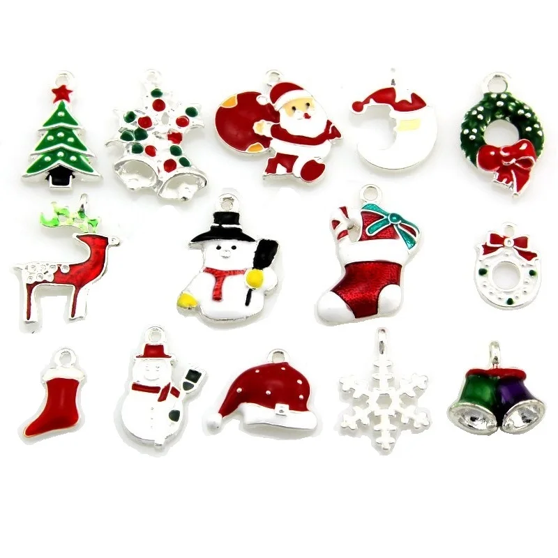 14Pcs /Lot 14style mix XMAS Christmas Gift tree Santa stocking bell cap Pendants Charms Silver Color Jewelry Findings DIY YY57