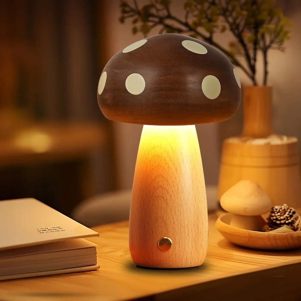 

Beech Touch Switch Wood Mushroom Night Light Solid Wood USB Plug Bedside Lamp Ebony Wood Warm Light Decorative Lamp Bedroom