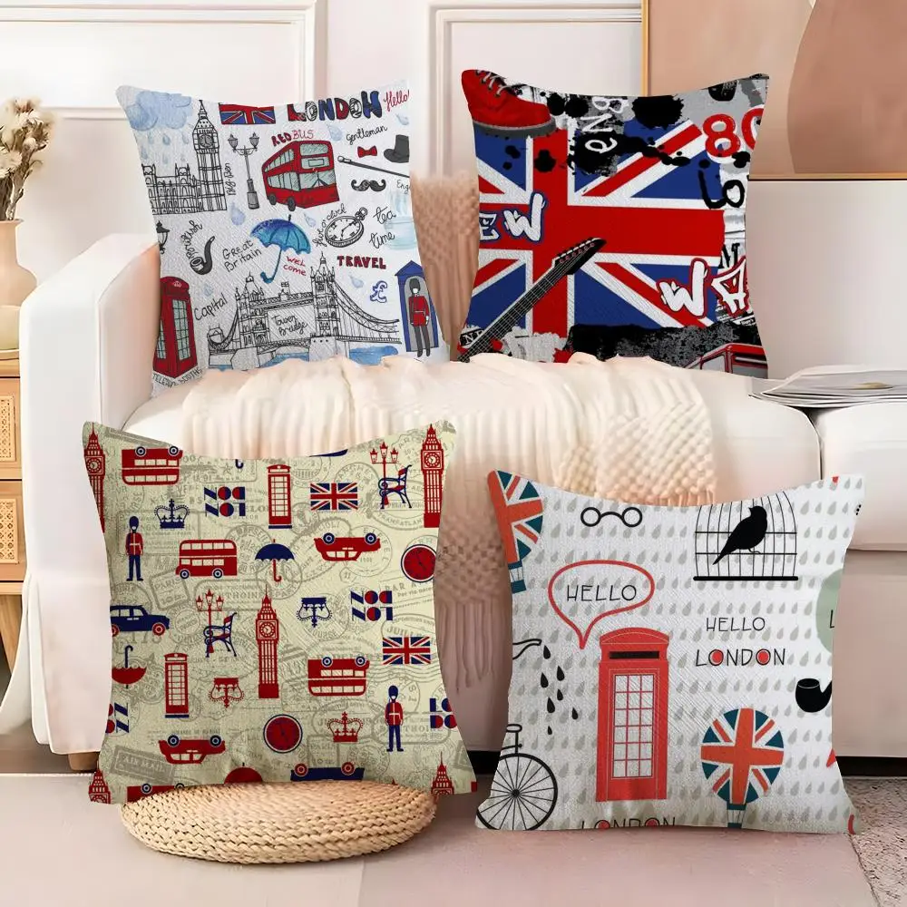 LOVE England Printed Cushion Cover Soft Plush Fabric Double-Sided Printed Sofa Cushion Cover for All Seasons Home Decor Gift