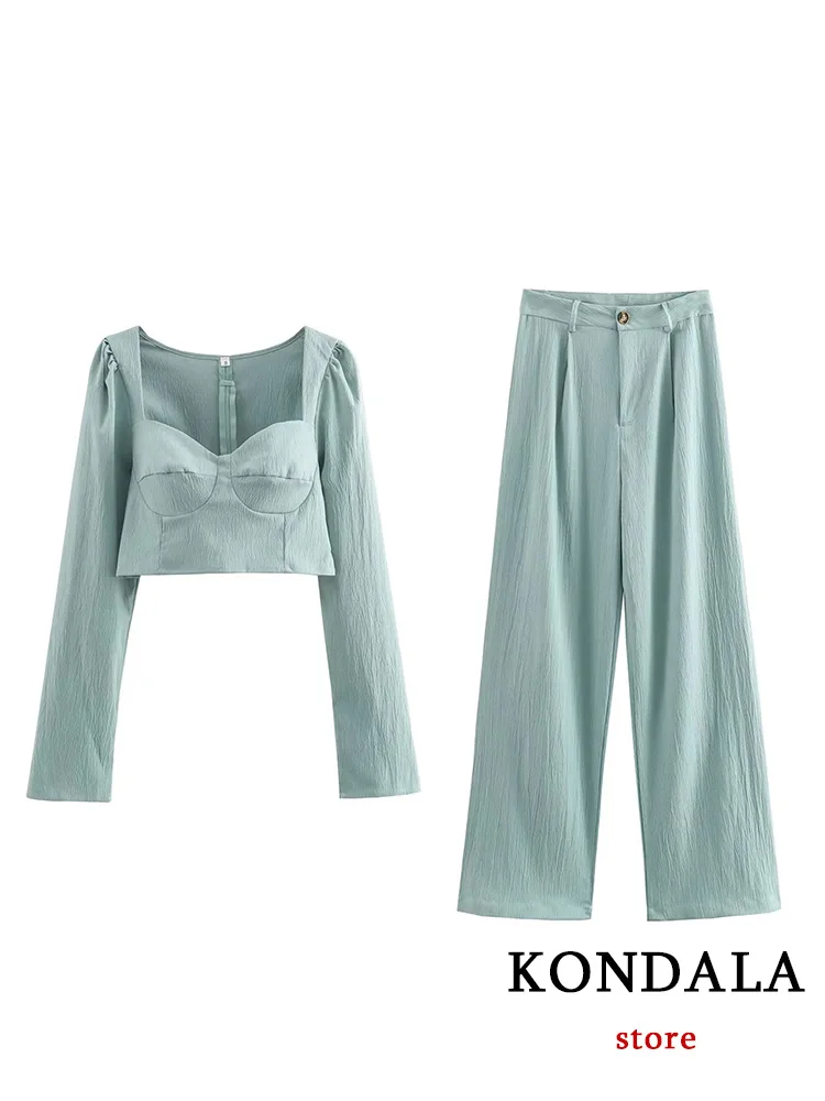 KONDALA Vintage Solid Chic Women Suit Long Sleeve Corset Zipper Top Straight Loose Wide Leg Pants New Fashion 2023 Summer Suits