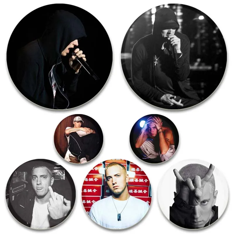 58mm Hip-Hop Rapper Eminem Icons Pins Cosplay Singer Badge Brooches Lapel Pin for Clothes Backpack Hat Decoration Fans Gifts