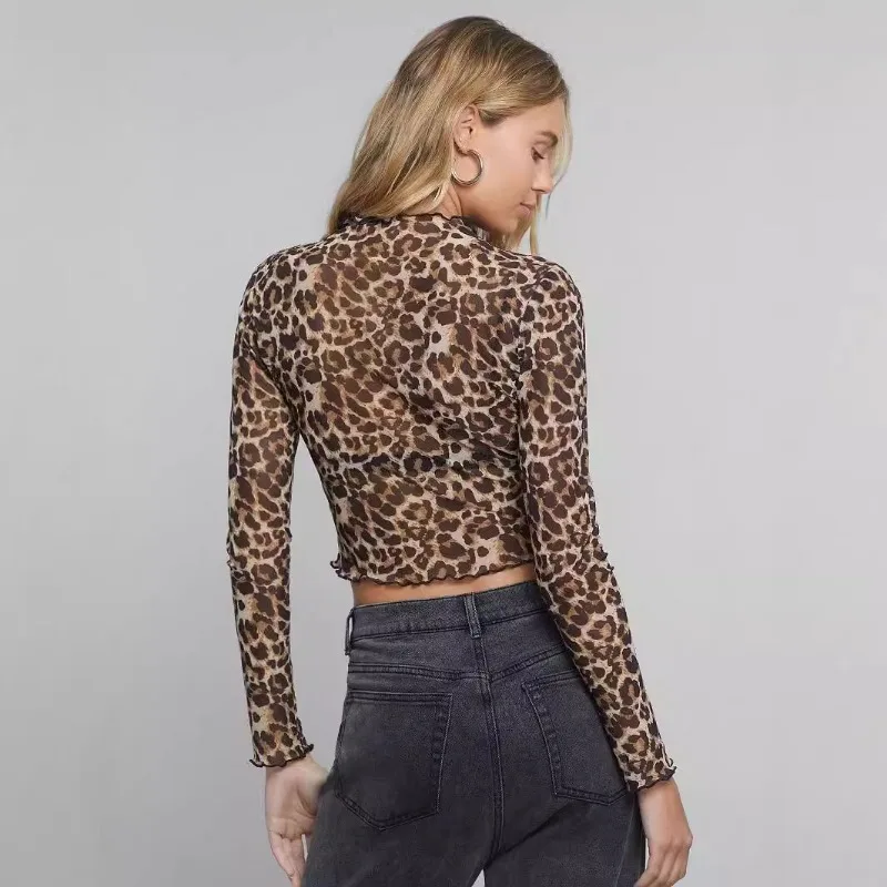 European and American 2025 New Elegant Women's Mesh Leopard Print Stand Up Collar Long Sleeved Short T-shirt Top for Women