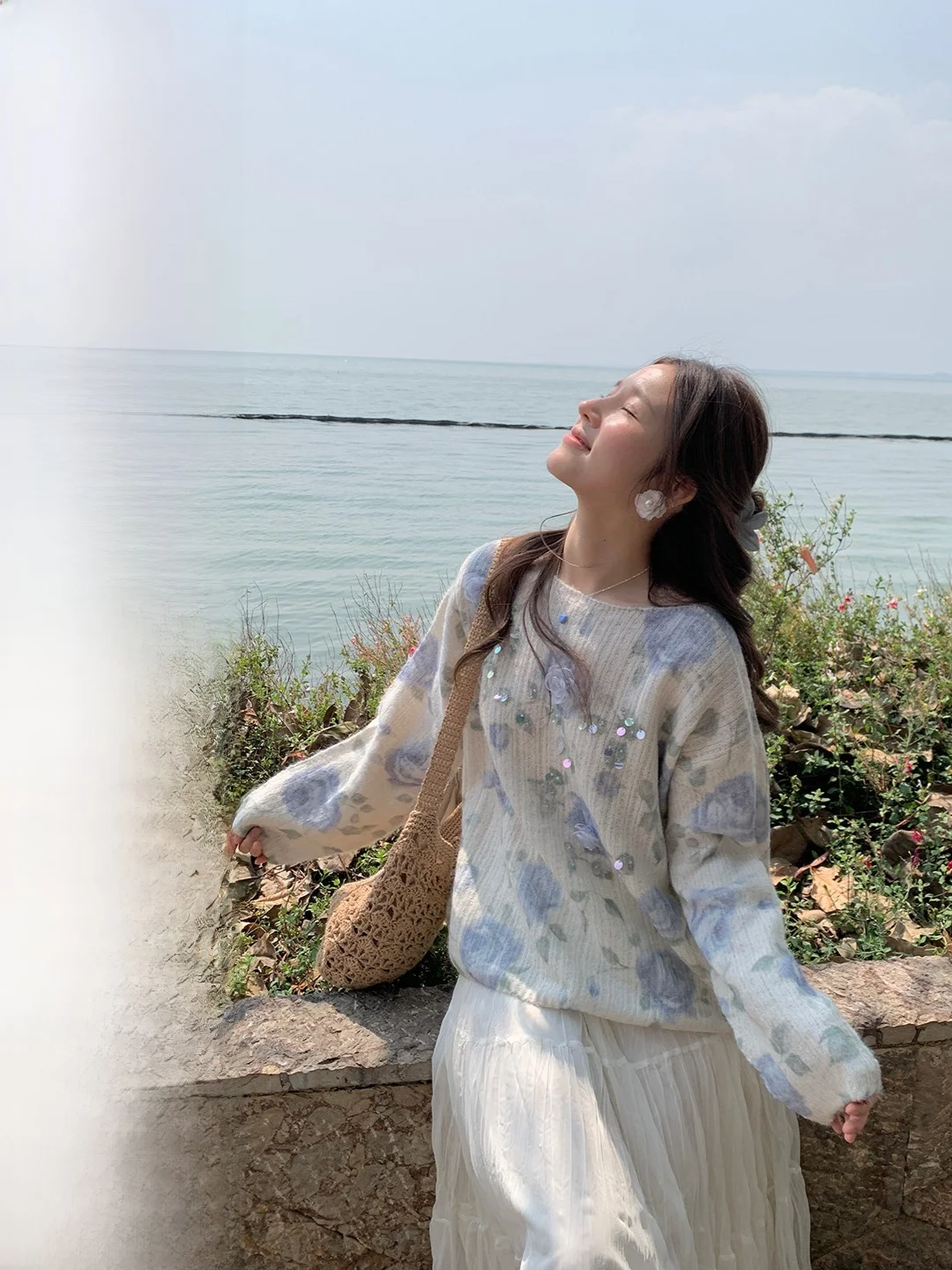 

Bohemian Style Loose Sweater with Sequin Flowers Romantic Straight Cut Long Sleeve Women's Spring Fashion Casual Holiday Top