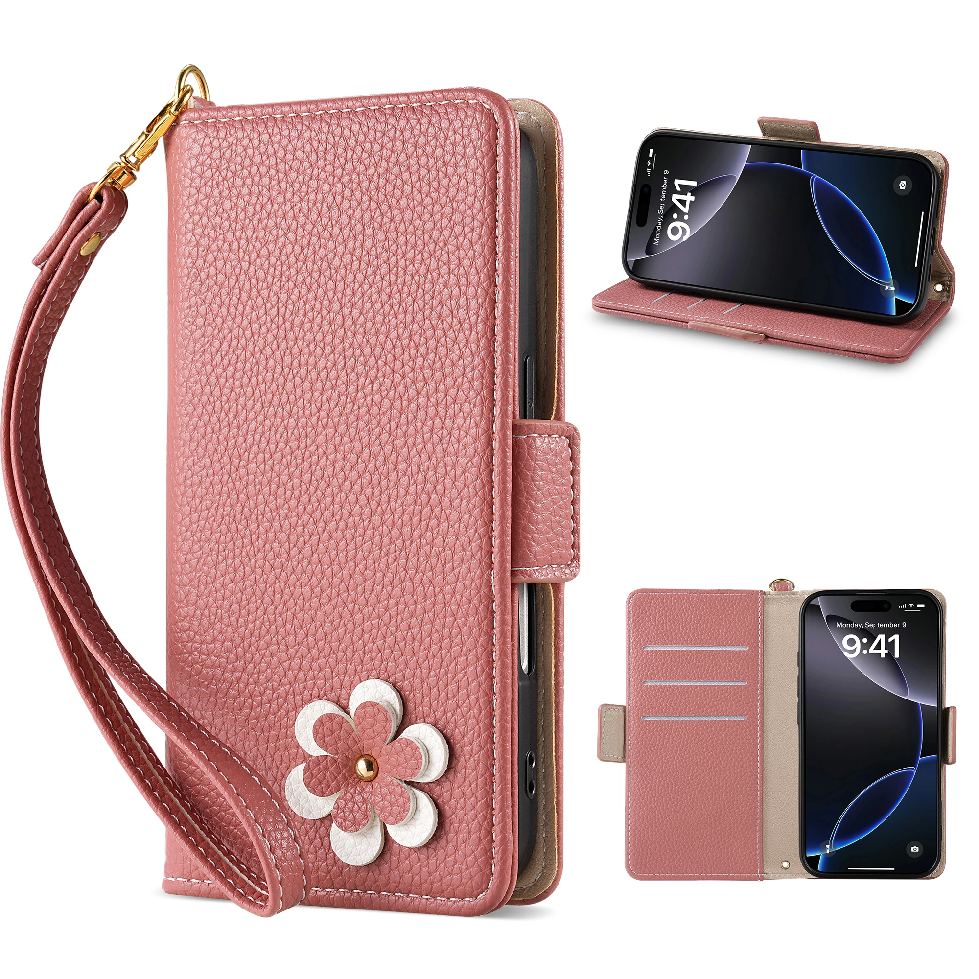 Niedliche 3D-Kaninchen-Blumen-Leder-Handy-Mappenhülle für iPhone 16 15 14 Plus 13 12 11 Pro Max XS X SE 16e Kartensteckplatz Flip-Cover – Detail 12
