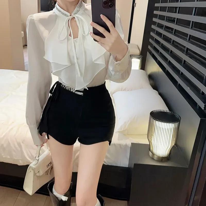 Ezgaga Shirts Women Ruffles Patchwork Autumn Fashion Long Sleeve chic Hollow Out Bandage Blouse Female Elegant Sexy Tops