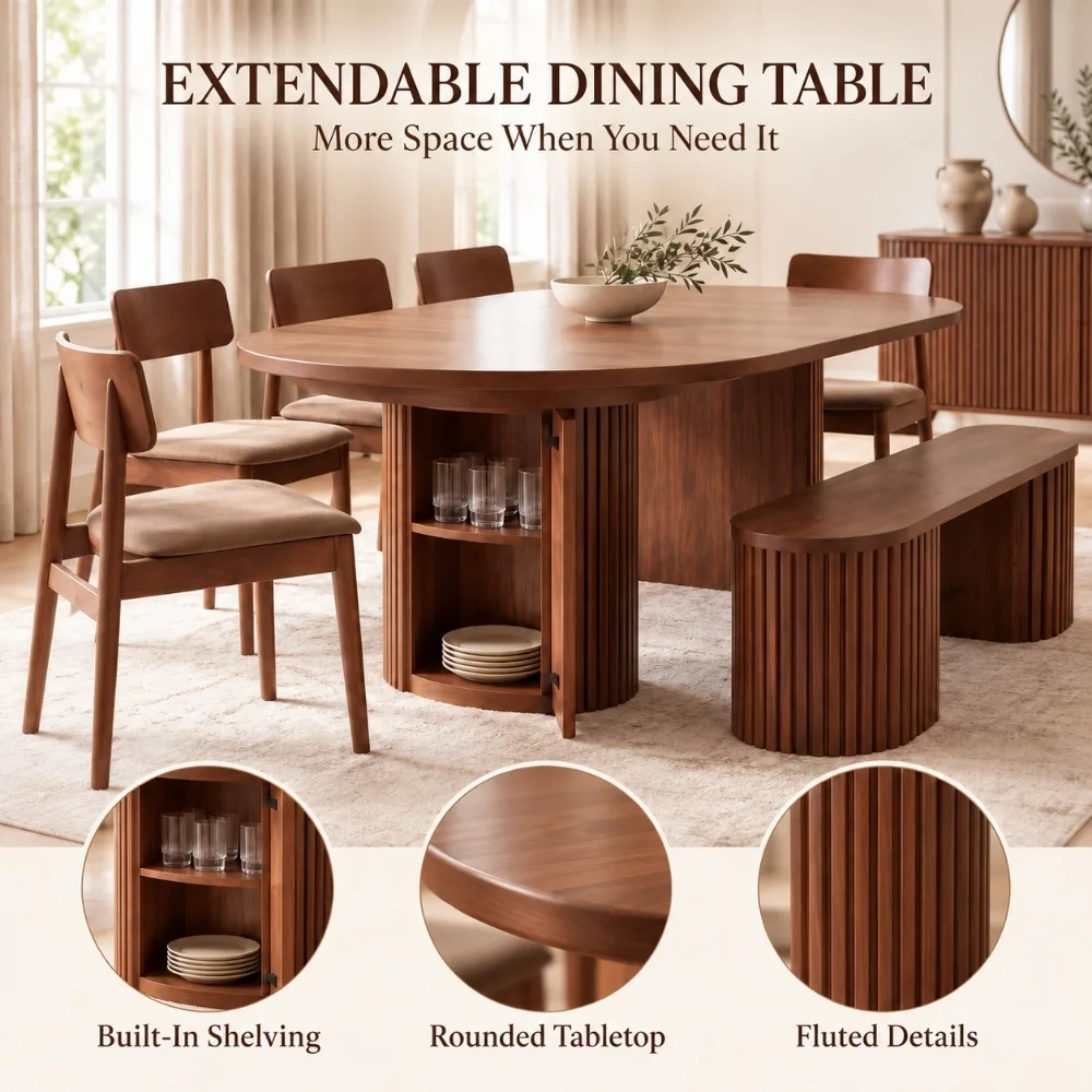 Nordic Solid Wood Extendable Dining Set, Multifunctional Folding Table with Storage Bench, Hidden Design for Small Apartment