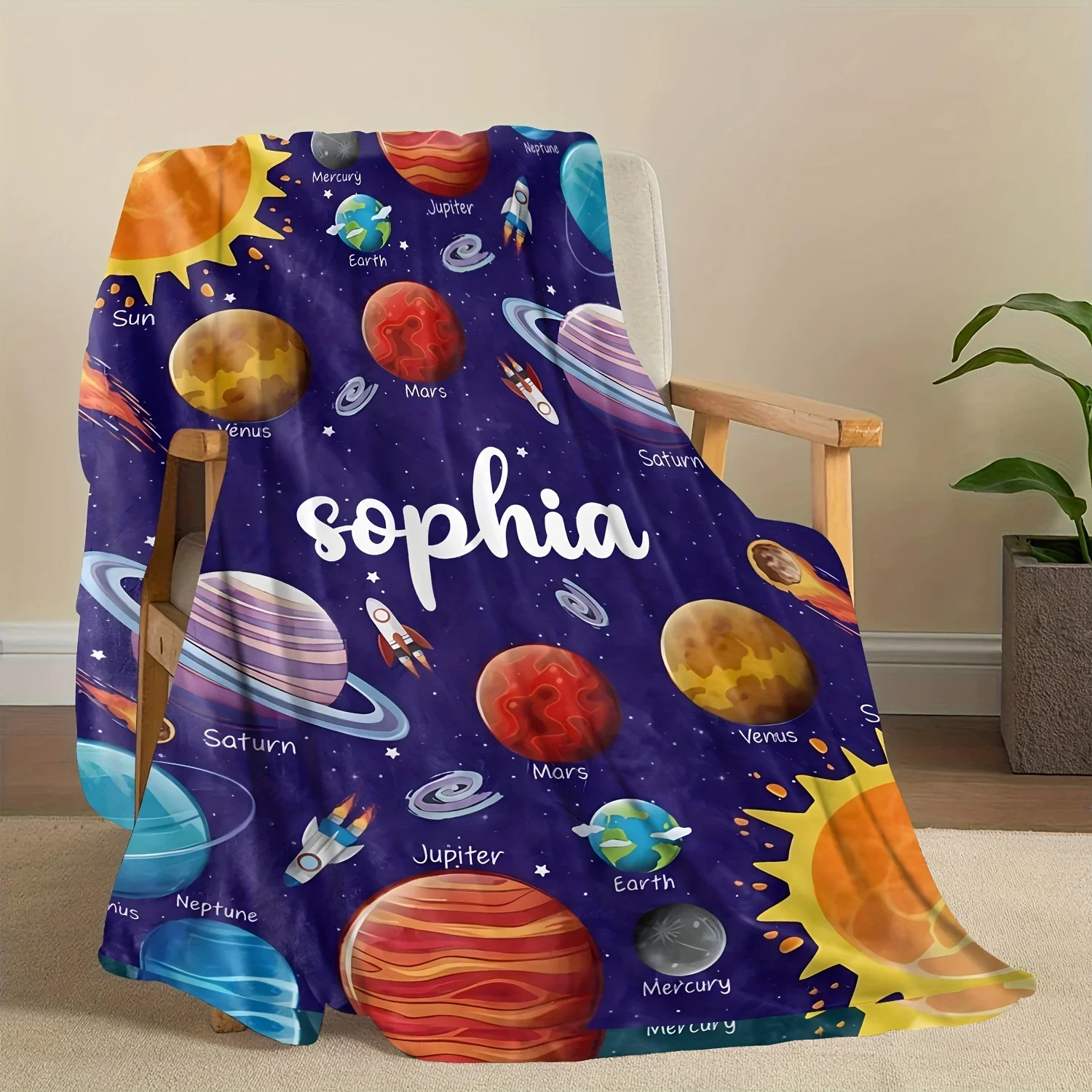 Personalized Custom Name Space Planets Throw Blanket - Soft 100% Polyester Flannel Fleece with Digital Print, All Seasons Lodge