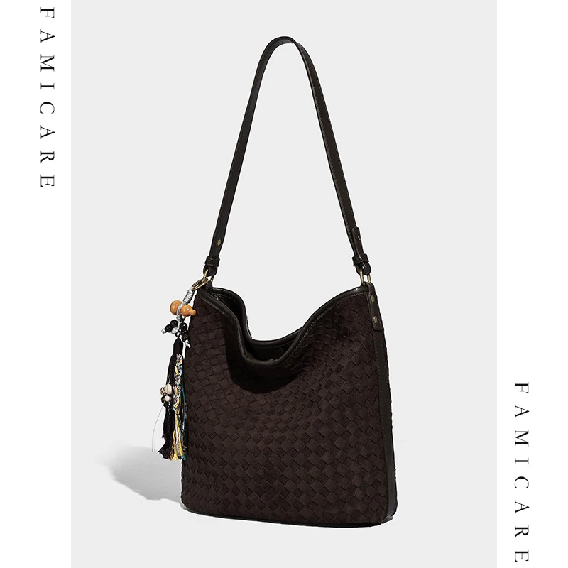 

2025 New PU Leather Bucket Woven Bag Korean Style Vintage Spacious Underarm Shoulder Crossbody Bag Women High Quality Handbag