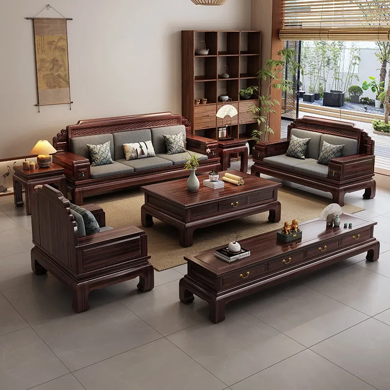 

New Chinese style, black gold, solid wood, sofa, combination, living room, modern, high-end, villa Furniture