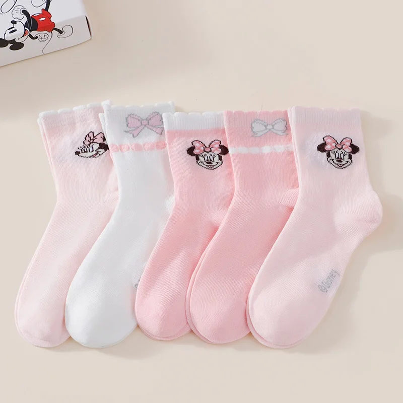 5 Pairs Of Spring/Summer Women's Pink Series Sweet And Fashionable Cartoon Bow Pattern Versatile Casual Letter Long Socks