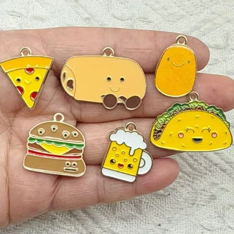 10pcs Enamel styles French fries hamburger Pizza Juice Cola Charms for Necklaces Handmade DIY Jewelry Making Accessories