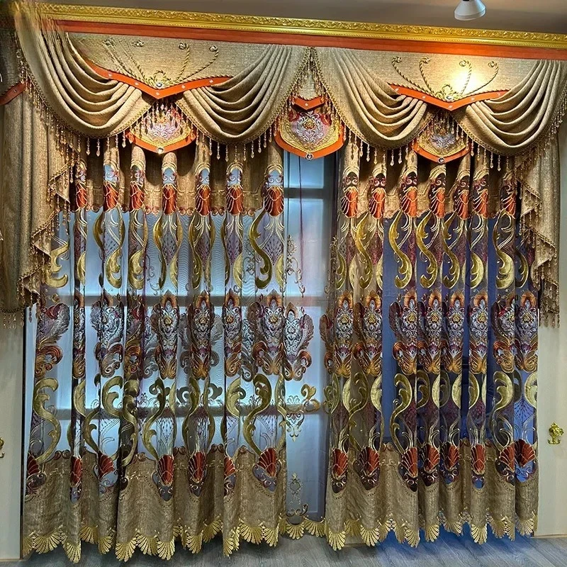 

High-end Hollow Embroidery Curtains for Living Room Bedroom European Luxury Chenille American Valance Decor Custom Coffee Tulle