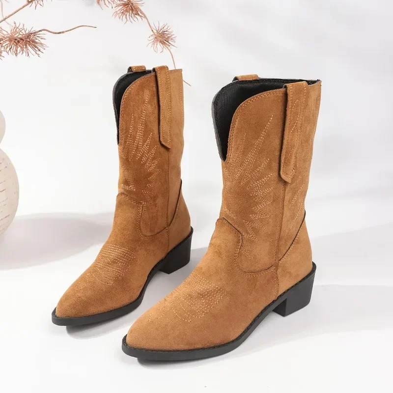 Size 35-43 Retro Pointed Toe Suede Leather Modern Short Boots Women Shoes Brown Western Cowboy Slip-On Coarse Heeled Boot