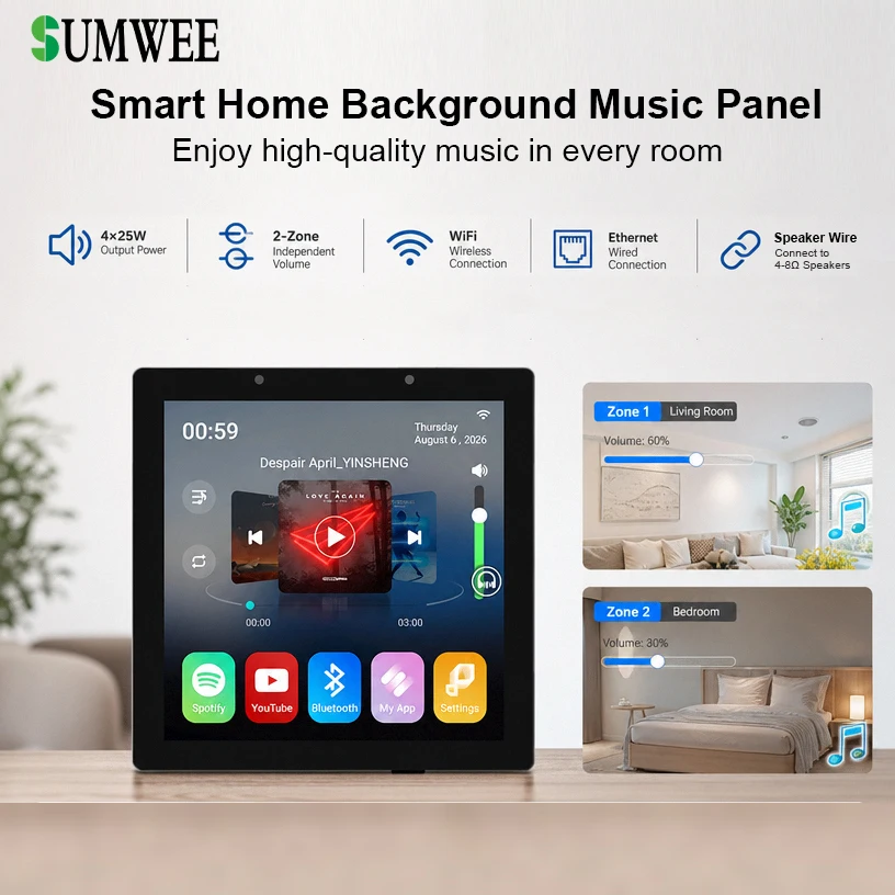 Smart Home Background Music Wall Mounted Audio Amplifier Touch Screen Stereo WiFi Bluetooths SoundControl Panel for Home Theater
